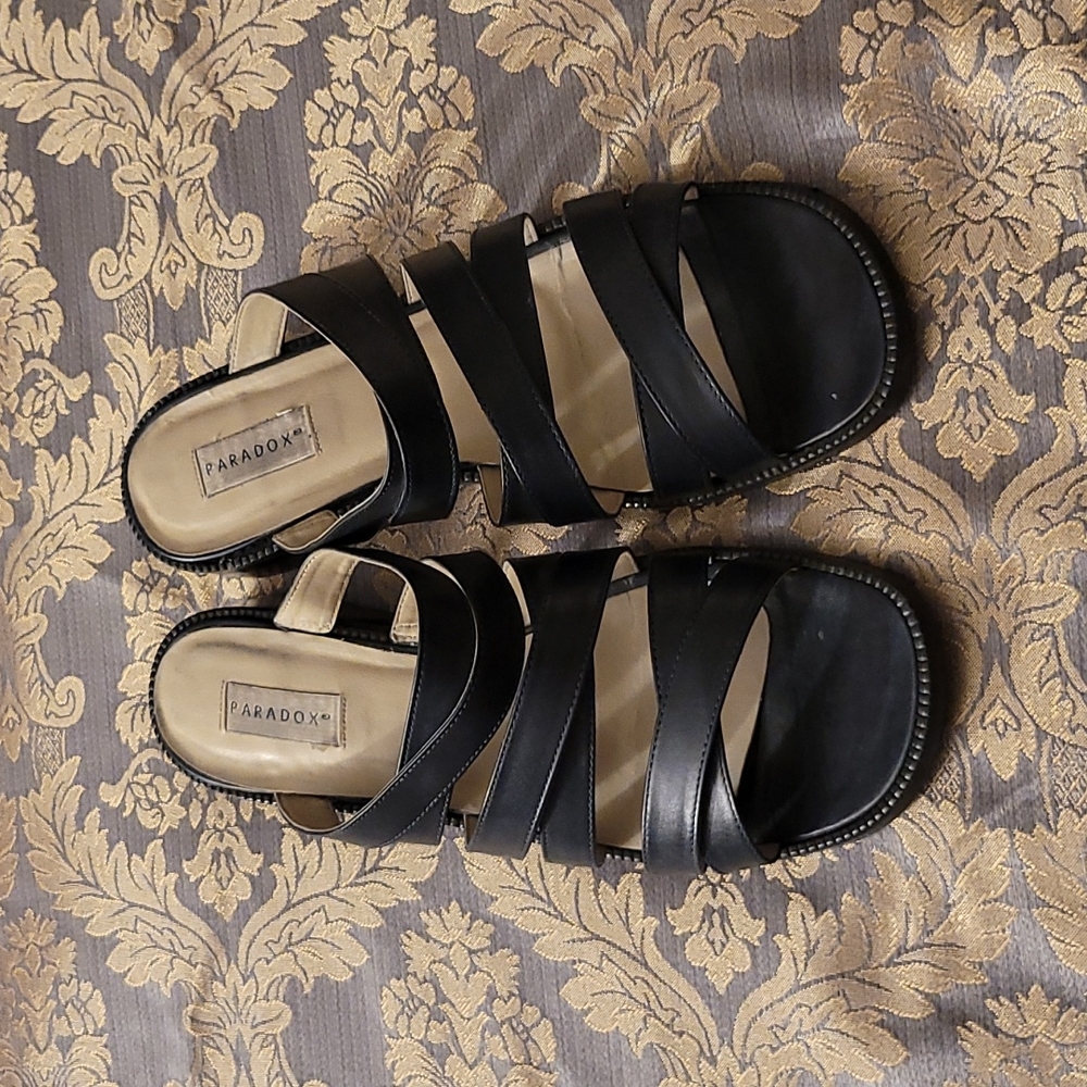 Navy blue leather strappy slides